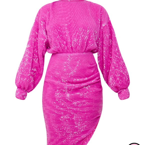 NWT Pretty Little Thing Hot Pink Sequin Open Back Balloon Sleeve Midi Dress - Picture 5 of 5
